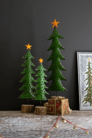 SET OF THREE RECYCLED IRON CHRISTMAS TREES ON WOOD BASES