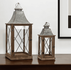 Set of Two Brown Black and Gray Wood and Galvanized Metal Lattice Floor Lantern Candle Holders