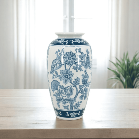 15" Light Blue And White Floral Porcelain Urn Vase