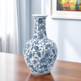 24" Blue And White Floral Curved Porcelain Table Vase