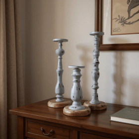 Set of Three Gray Distressed Wood Tabletop Pillar Candle Holders