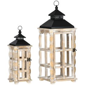 HOMCOM 31 22 Inch Rustic Lanterns Set of 2 Wooden Metal Decorative Hanging for Indoor Outdoor Black Distressed Natural Wood