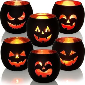 Halloween Table Decor Set of 6, Jack O Lanterns Black Glass Votive Tealight Candle Holders