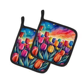 Colorful Tulips Pair of Pot Holders Kitchen Heat Resistant Pot Holders Sets Oven Hot Pads for Cooking Baking BBQ, 7 1/2 x 7 1/2
