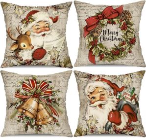 Christmas Pillow Covers 18x18 inch Set of 4 Santa Claus Reindeer Decorative Vintage Throw Pillow Covers Winter Retro Farmhouse Decoration for Home Cou