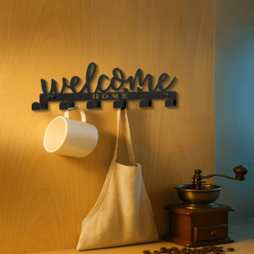 CIFbuy™ Black Metal Wall-Mounted Key Holder 1-piece Elegant "WELCOME" Design with 8 Hooks Auxiliary Hook Ideal for Stylish Key Organization Entryway L