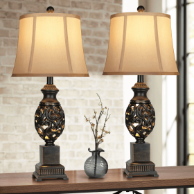 Table Lamps Set Of 2, 28" Tall Bedside Lamp With Nightlight, Vintage Bronze Nightstand Lamps With Faux Silk Suitable For Business, Bookstores, Coffee