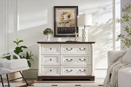 Farmhouse Style 6 Drawer Dresser Chest with Base Wooden Rustic Chest of Drawers, Storage Dresser Organizer for Bedroom, Living Room, Beautiful Sturdy