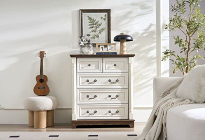 Farmhouse Style 5 Drawer Dresser Chest with Base Wooden Rustic Chest of Drawers, Storage Dresser Organizer for Bedroom, Living Room, Beautiful Sturdy