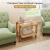 Rattan 2-Tier End Side Table with Tempered Glass Top Acacia Wood Legs