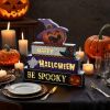Halloween Decorations Indoor 9.4inch Premium Wooden Block Set with Glowing 3D Letters, Timer, Battery Powered Rustic Farmhouse Centerpiece for Home