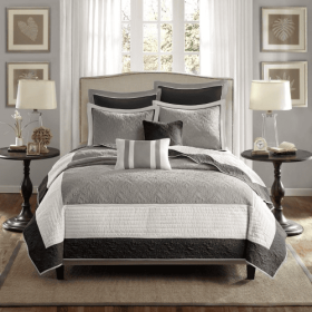 7 Piece Quilt Set With Euro Shams And Throw Pillows Beige King Cal King (Color: Black)