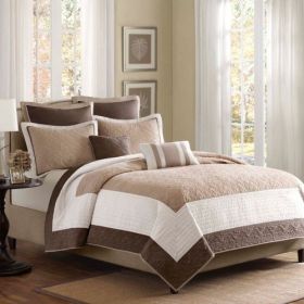7 Piece Quilt Set With Euro Shams And Throw Pillows Beige King Cal King (Color: Beige)