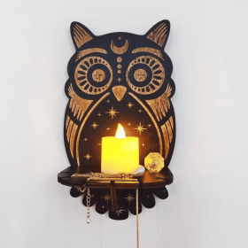 Handmade wooden display rack - Wall mounted display rack - Decorative wooden wall rack - Crystal stone storage rack - Hanging candle holder wall decor (Color: Owl)