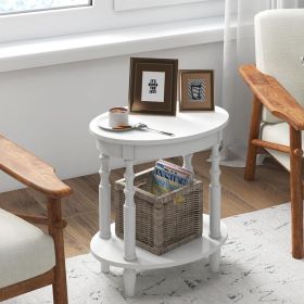 2-Tier Oval Side Table with Storage Shelf and Solid Wood Legs (Color: White)