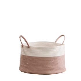 Cotton Round White Brown Laundry and Storage Basket (Color: as pic)