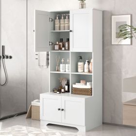 Tall and Wide Bathroom Floor Storage Cabinet, Bathroom Storage Unit, Freestanding Cabinet with 4 Doors, Adjustable Shelves, Open multi-layer Shelves (Material: MDF, Color: White)