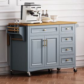 52" Kitchen Island with Drop Leaf, Embossed Texture Kitchen Island on Wheels with Spice Rack, Towel Rack, 2 Doors and 5 Drawers, Kitchen Storage Cart (Material: MDF, Color: Blue+Grey)