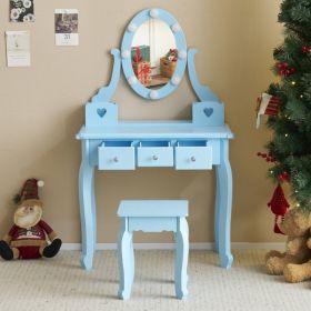 FCH Kids Vanity Set with Mirror and Lights and Stool, 5 Storage Drawers, Pretend Play Princess Makeup Desk Dressing Table and Stool Set for Little Gir (Color: as picture)