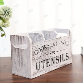 Rural style wooden kitchen utensil storage rack, 1 3-compartment storage box, countertop and wall mounted organizer, made of wood, kitchenware accesso (Color: White)