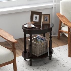 2-Tier Oval Side Table with Storage Shelf and Solid Wood Legs (Color: Espresso)
