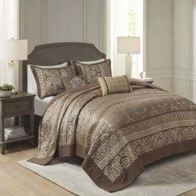 5 Piece Reversible Jacquard Bedspread Set Brown Gold King (Option: BrownGold)
