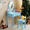 FCH Kids Vanity Set with Mirror and Lights and Stool, 5 Storage Drawers, Pretend Play Princess Makeup Desk Dressing Table and Stool Set for Little Gir