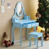 FCH Kids Vanity Set with Mirror and Lights and Stool, 5 Storage Drawers, Pretend Play Princess Makeup Desk Dressing Table and Stool Set for Little Gir
