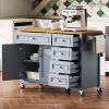 52" Kitchen Island with Drop Leaf, Embossed Texture Kitchen Island on Wheels with Spice Rack, Towel Rack, 2 Doors and 5 Drawers, Kitchen Storage Cart