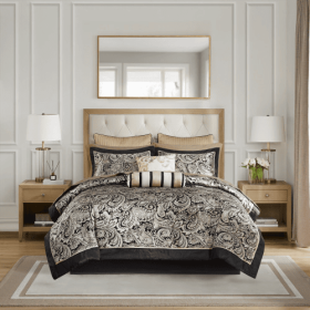 12 Piece Comforter Set With Cotton Bed Sheets Black King (size: KING)